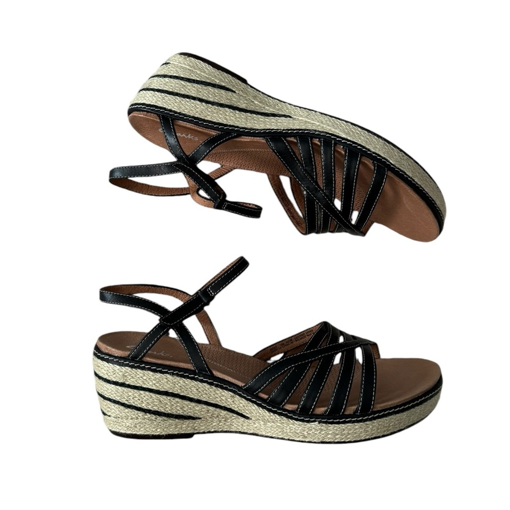 Clarks Black Leather Strappy Espadrille Ankle Strap Wedge Platform Sandals SZ10